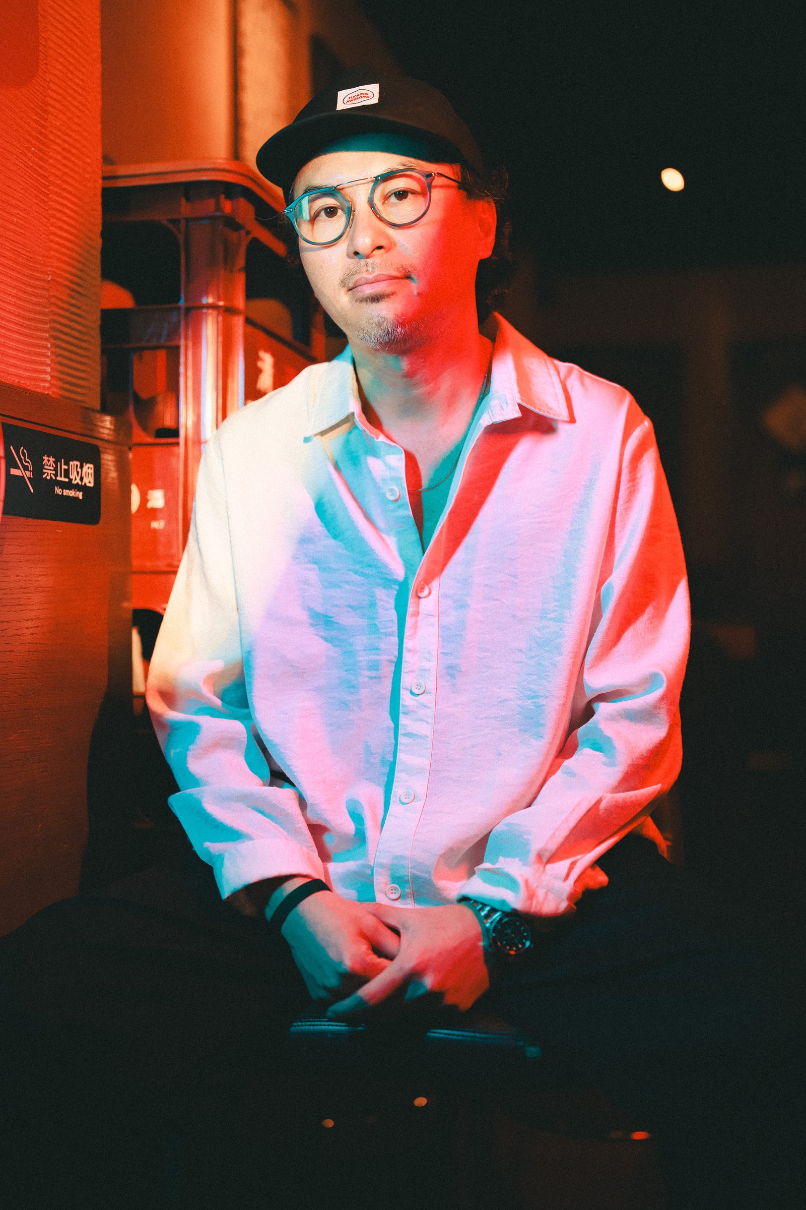 Neon-lit portrait of DJ artist Frankie by Eddie Huynh